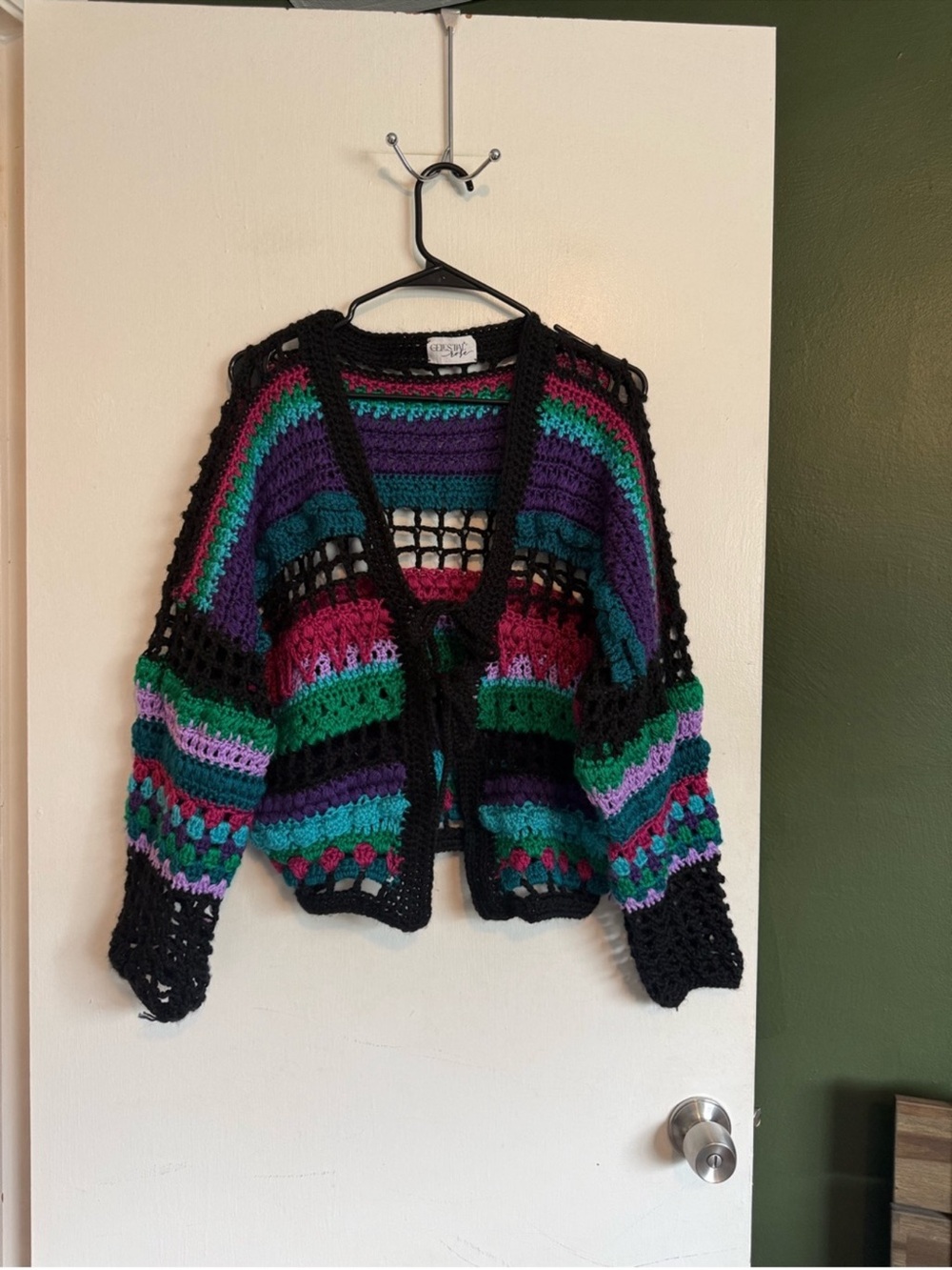 Handmade by me multicolor crochet striped open stitch bow front cardigan sweater